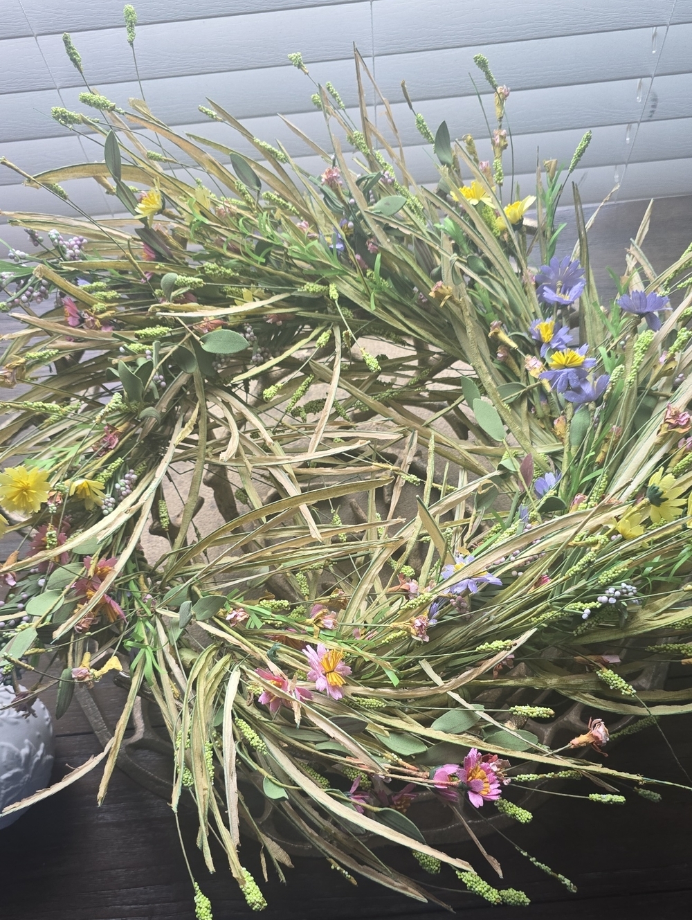 Rustic Meadow Floral Wreath - Natural Green with Pink, Purple & Yellow Accents